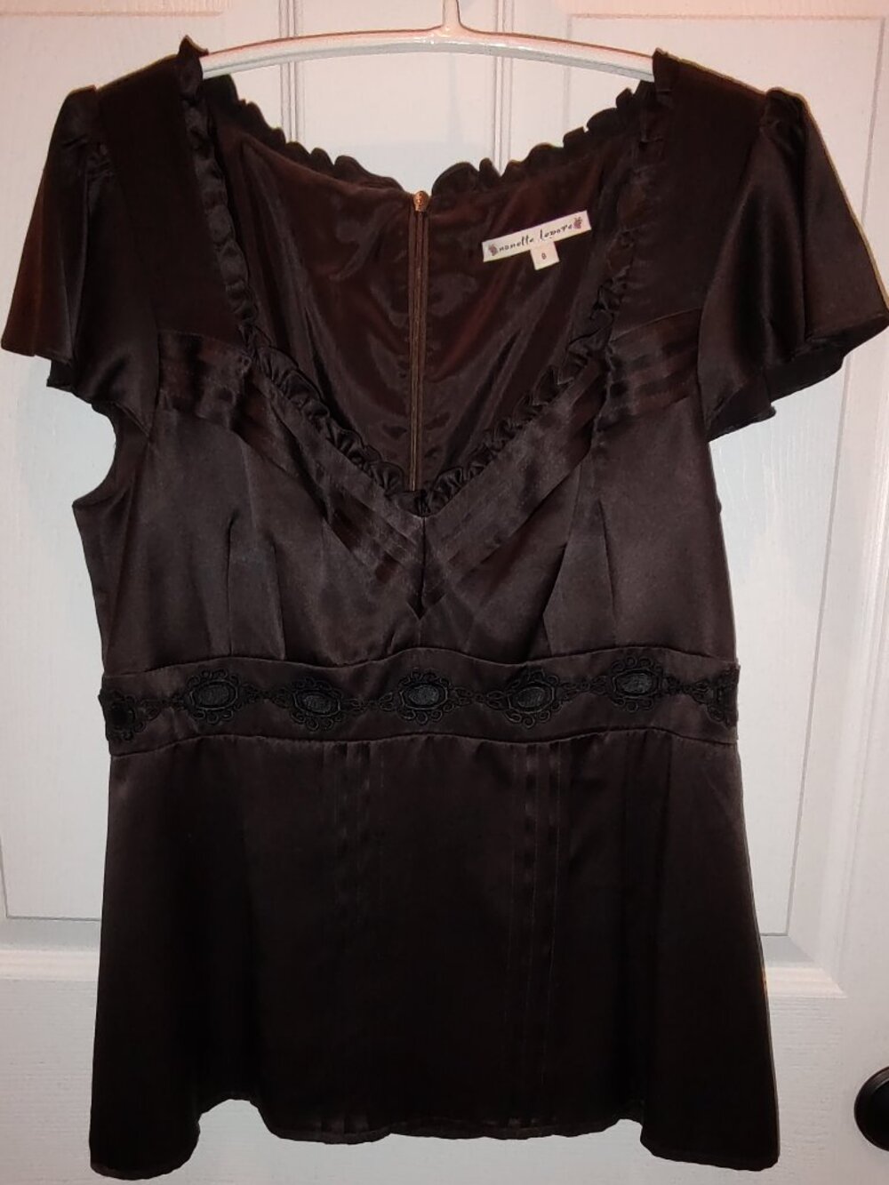 NANETTE LEPORE TOP SWEETHEART NECK W/RUFFLE FLUTTER SLEEVES 100% SILK BROWN SZ 8